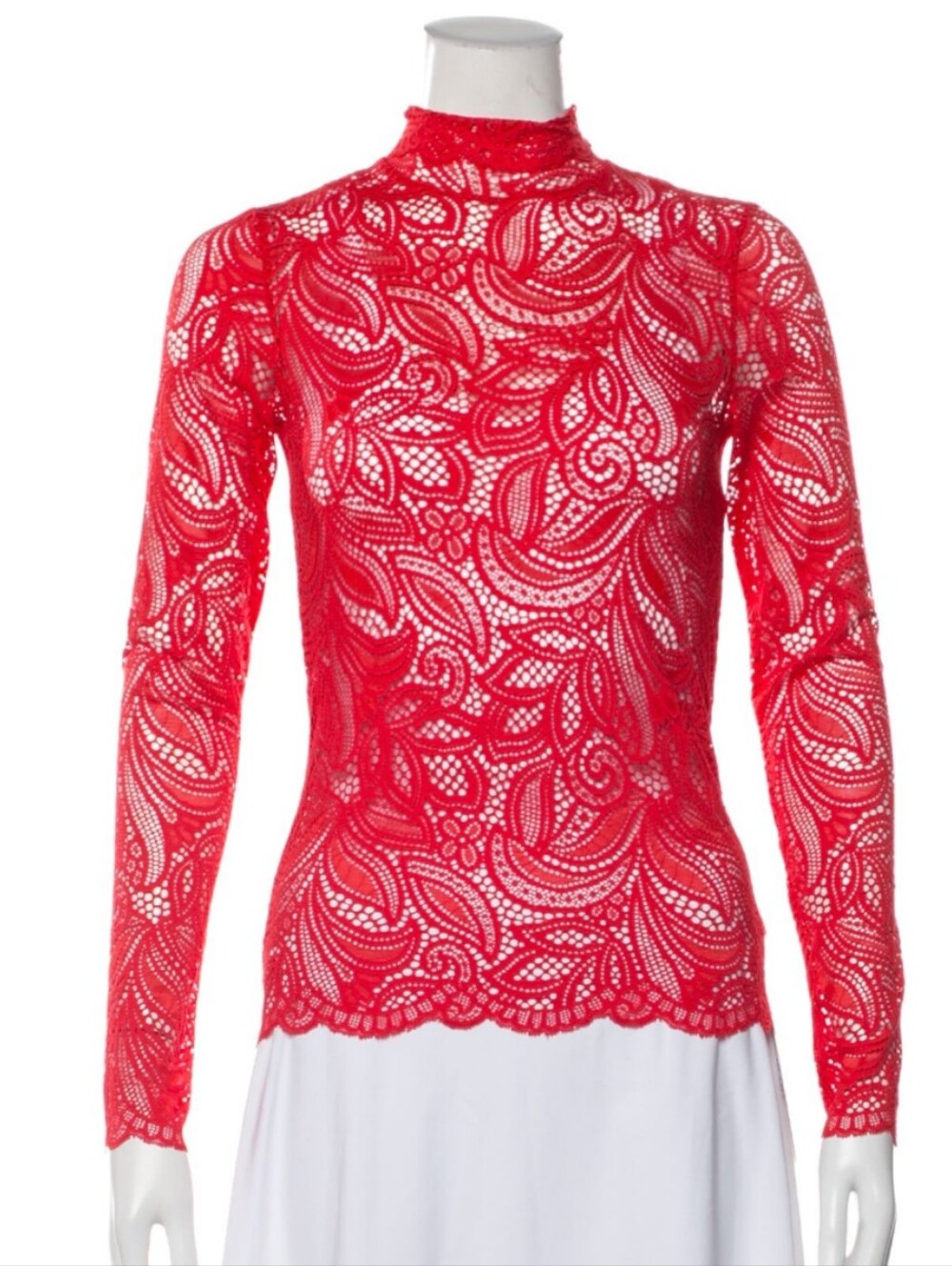 Brand new BEAUFILLE Red Lace Mock Neck Sheer Abstract Long Sleeve Shirt Top